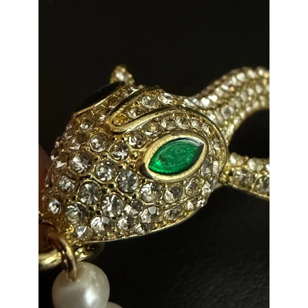 Snake Brooch Rhinestone Green Faux Pearl Gold Tone
